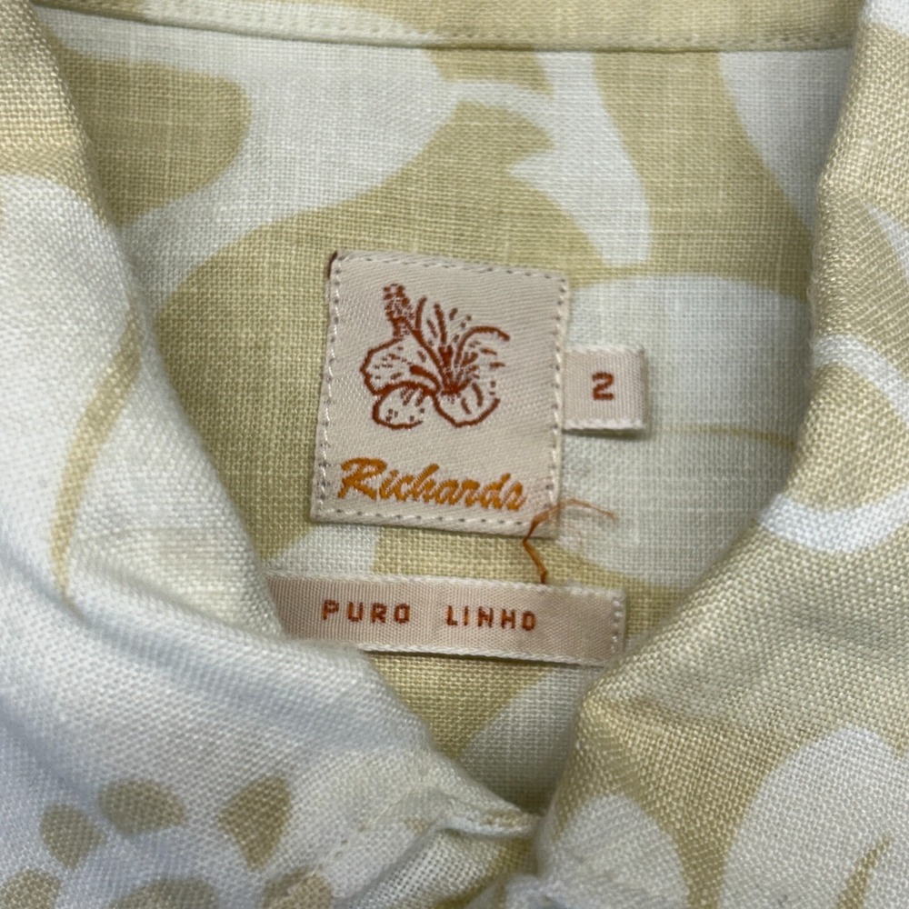 Richards Brasil Hawaiian Shirt Women's 2 Short Sleeve Polo Tan Floral Pure Linen - Picture 3 of 9